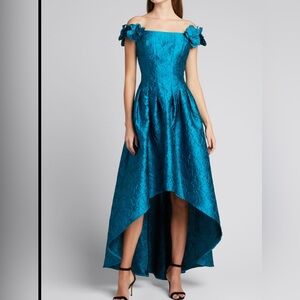 Rickie freeman Teri Jon off shoulder high-low jacquard dress peacock size 8